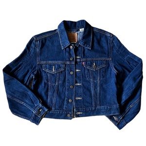 Levi’s Dark Wash Cropped Denim Jacket Size M Pleated Balloon Sleeves